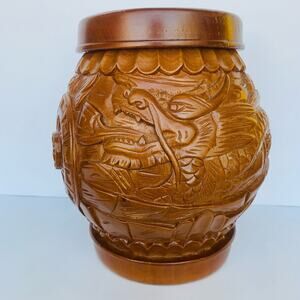 Vintage Asian Carved Dragon Wood Jar with Lid